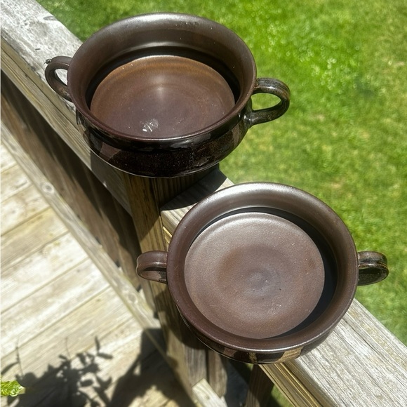 Vintage Handmade Studio Pottery Artist Signed Soup Bowls W/Handles Set of 2 - Picture 2 of 9